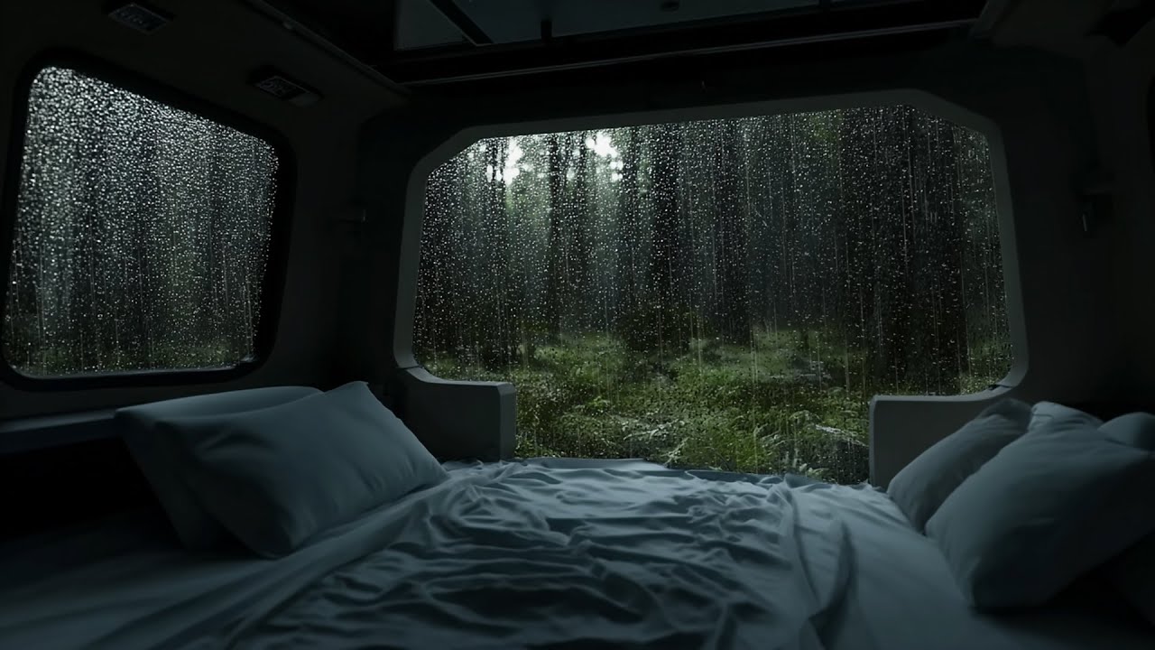 Sleeping in a Van during a Forest Rainstorm 🌲 Rain on Glass & Wind Sounds for Sleep