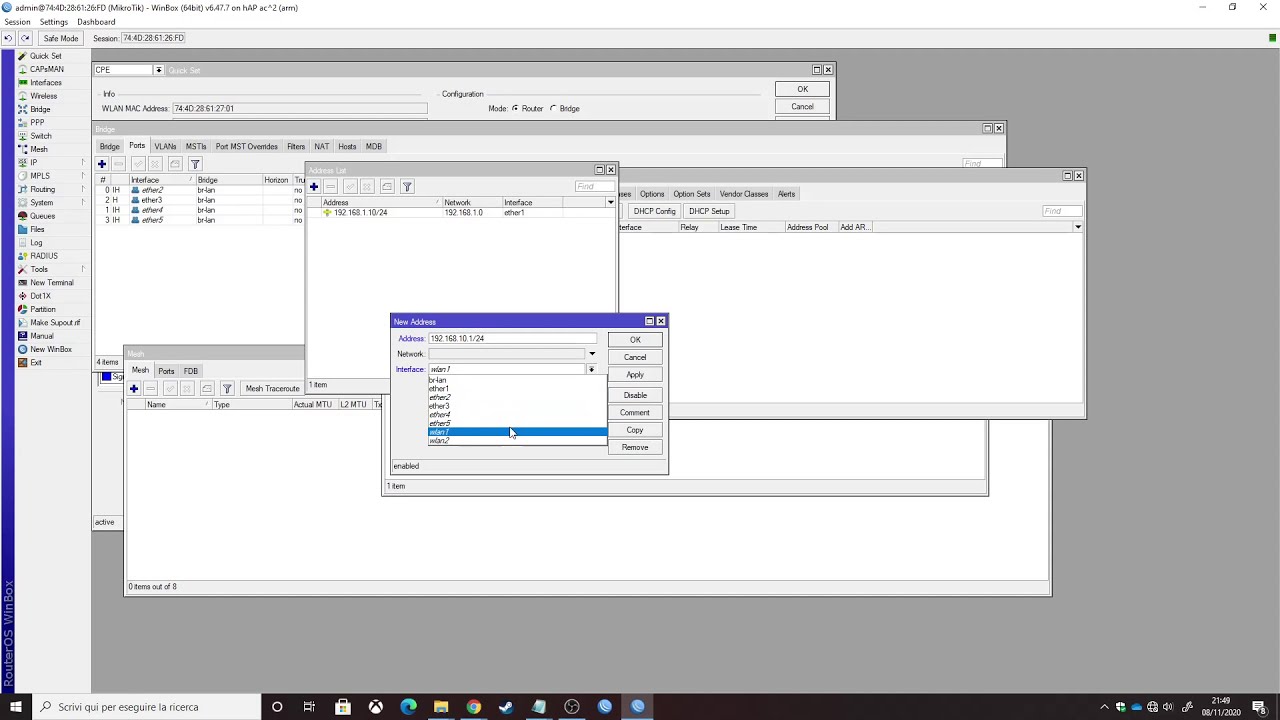 Mikrotik video pilota 2020 - configurazione router base IP, Dhcp server, NAT, Bridge (Full HD - ITA)