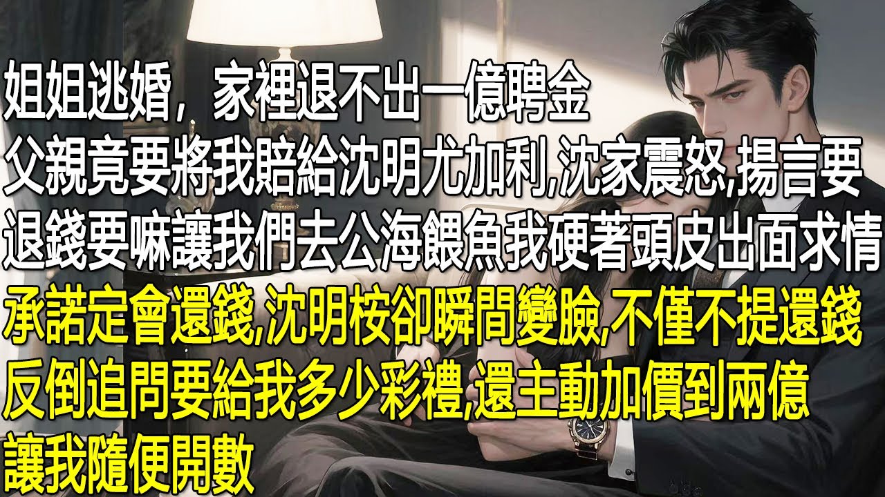 姐逃婚，家退不出一億聘金，爸要將我賠給沈明尤加利。沈家放話，不還錢就去公海餵魚。我硬著頭皮求情承諾還錢，沈明桉卻驟然變臉，不提欠款反倒問給我多少彩禮，還主動加到兩億，讓我隨意開數。