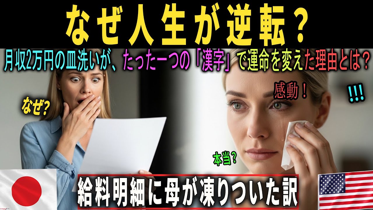 【海外の反応】月収2万円の皿洗いだった私。たった一つの「漢字」を答えた瞬間、人生が逆転した…日本移住に猛反対した母が給料明細を見て凍りついた理由【感動する話】
