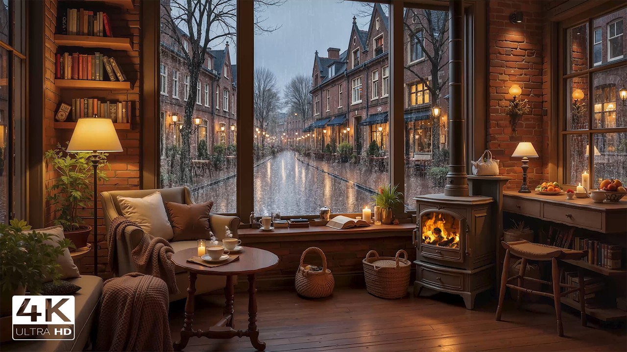 Спокойный дождь в кофейне у камина 4K ☕ Нежная джазовая музыка и потрескивание камина