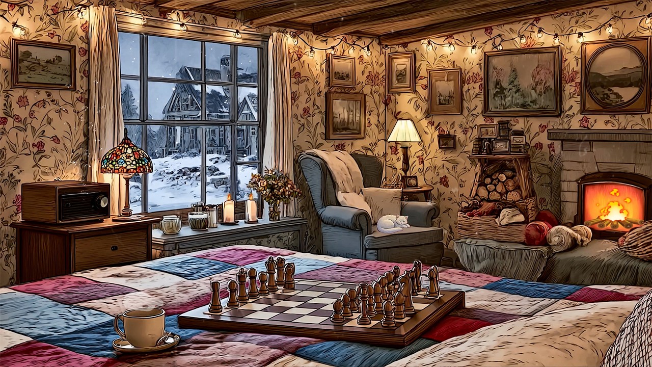 Silent snowy morning with 1950s vintage oldies playing in another room | relax & cozy winter