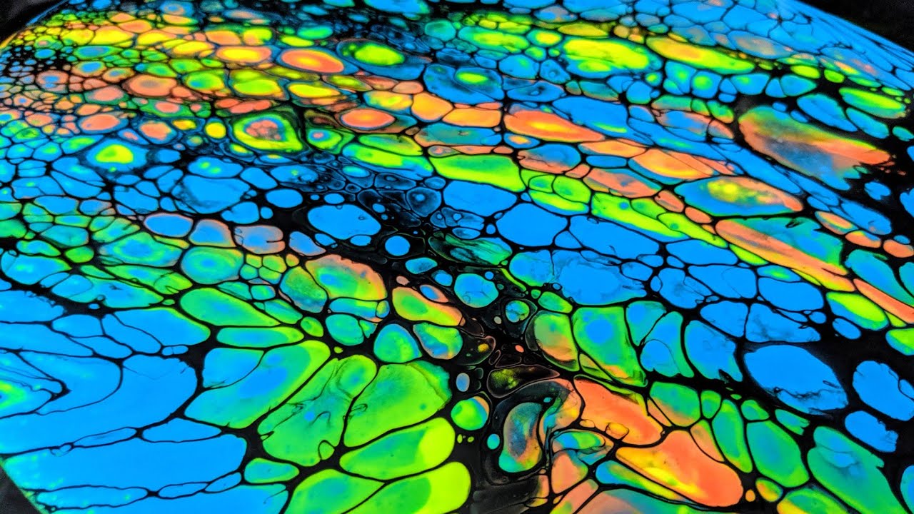 Acrylic pour cells with neon colors and dish soap