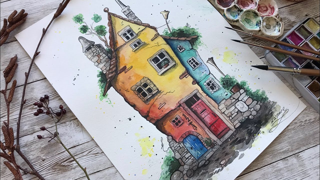 Watercolor Whimsical house. Nature sounds. Paint with me.
