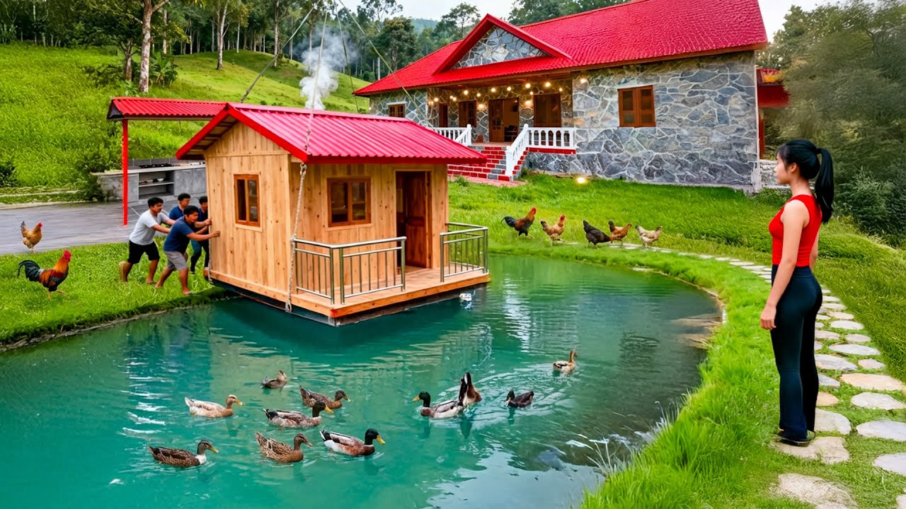 TIMELAPSE – Amazing DIY: Floating House Completed | Villagers Help Lower It Into a Large Pond