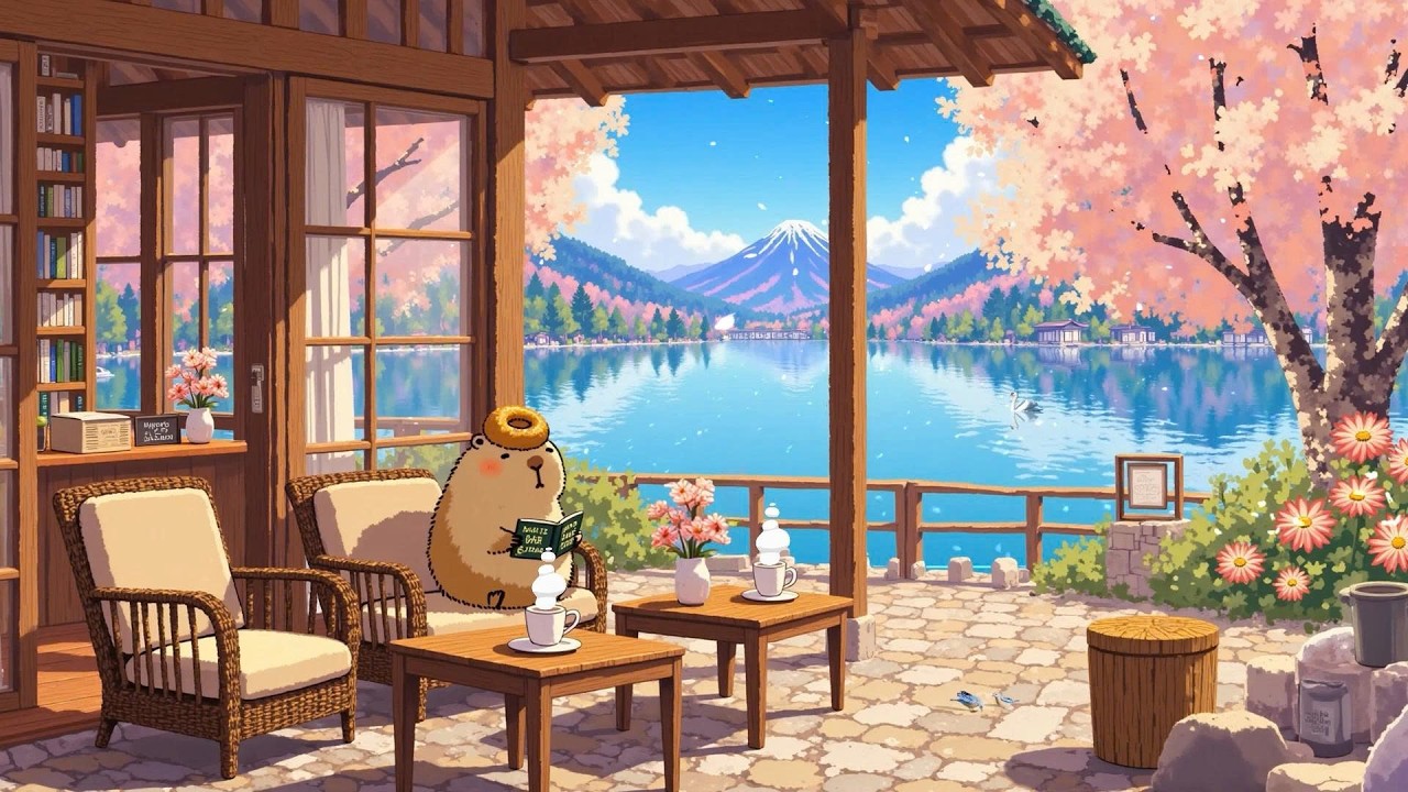 Spring Porch Ambience ☕ Peaceful Morning Cafe at Lakeside 🌿 Lofi Deep Focus to study/work/relax