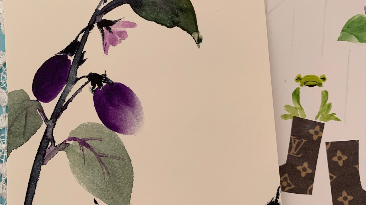 【一筆画でハガキ絵】雨傘と紫陽花、茄子　ほのぼの一筆画64