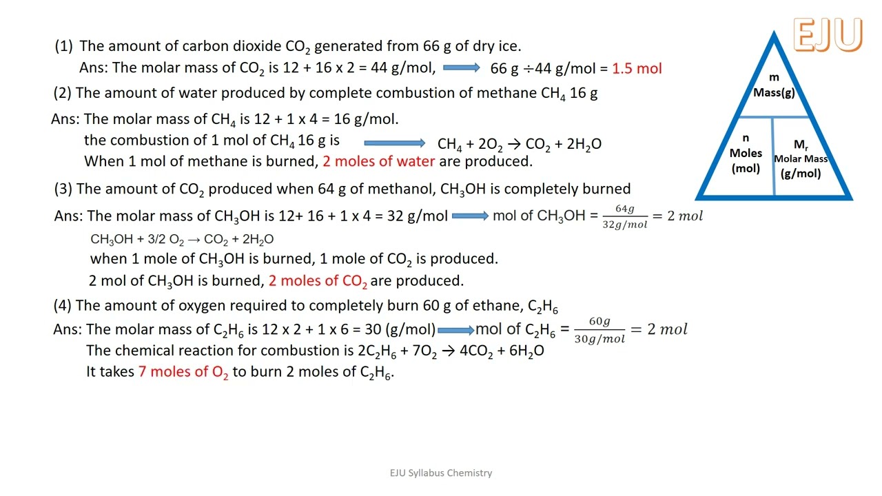 number of mole, mass, molar mass, molar volume (Amount of substance and chemical reaction, Q 4 EJU)