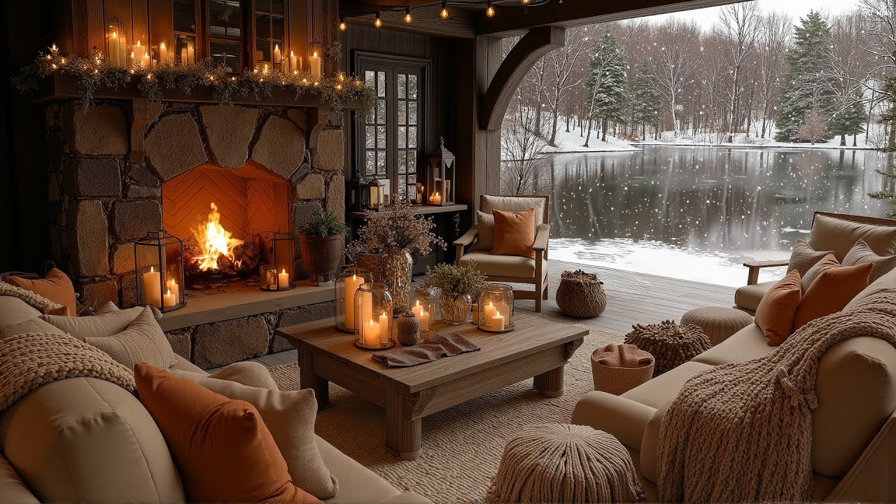 Cozy Winter Retreat Ambience ❄️ Snowfall on a Lakeside Rustic Terrace with Soothing Fireplace Sounds