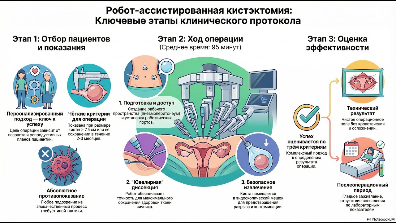 Лапароскопическая робот-ассистированная кистэктомия яичника: Клинический протокол. Гинекология.