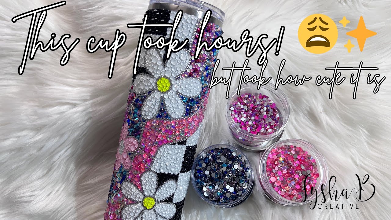 Rhinestone tumbler tutorial with wavy, floral & checkered patterns