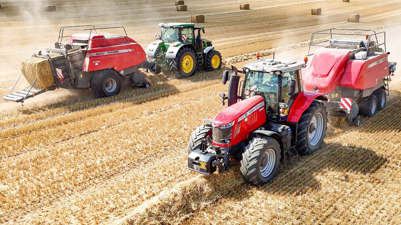 Strohbergung mit 2x Massey Ferguson LB Pressen,  John Deere 7R, JCB 435S