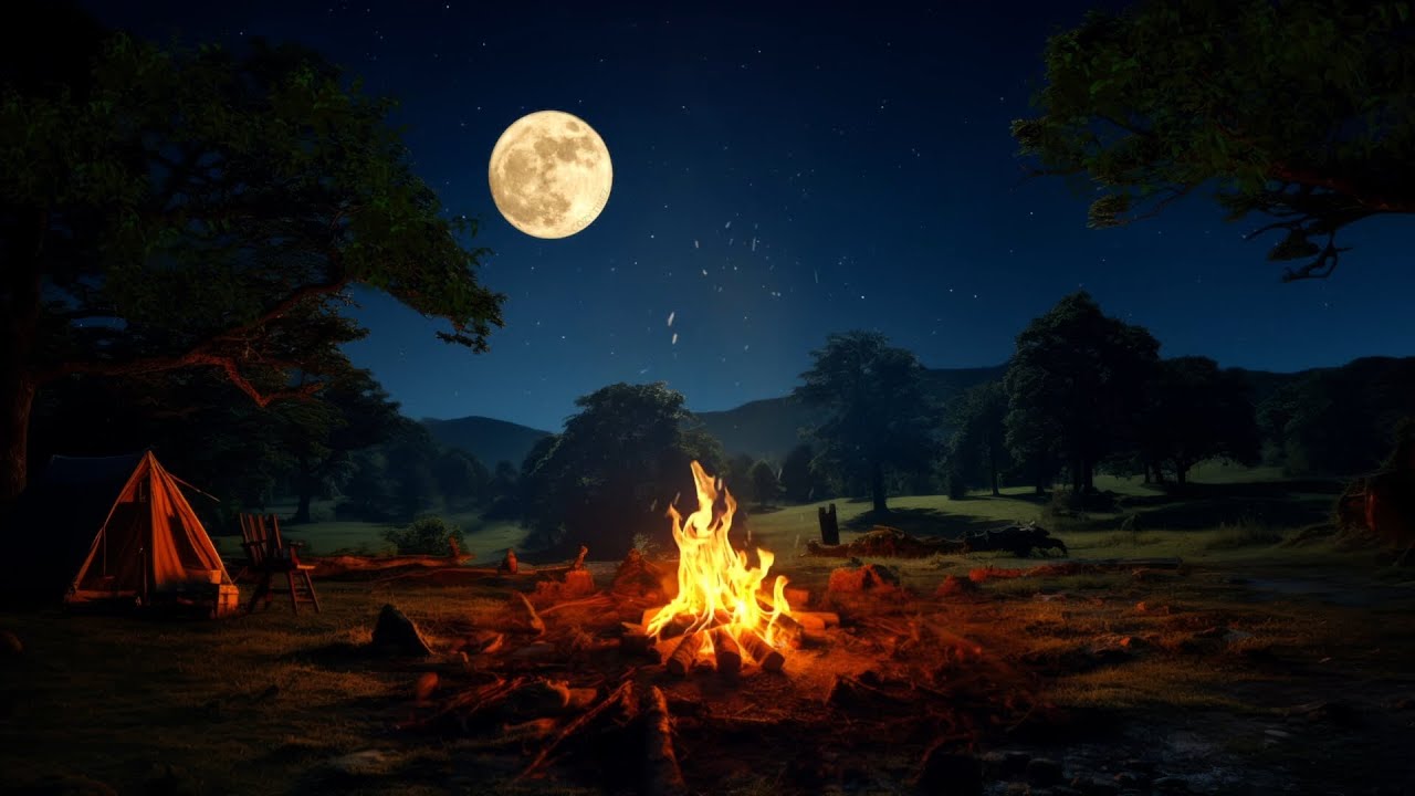 Cozy Campfire on a Clear Night with Full Moon & Shooting Stars - Crickets, Owls and Fire Sounds