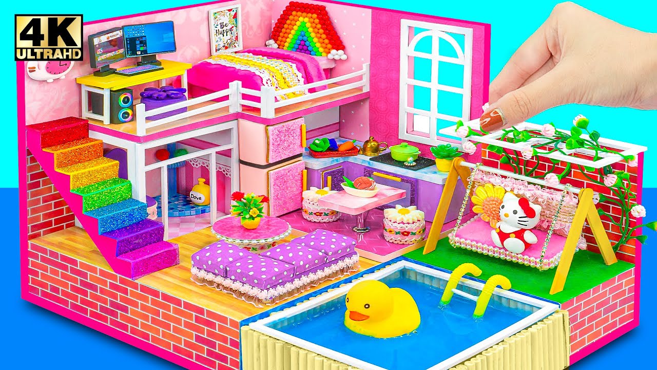 Building A Modern 2-Story Pink Cardboard Villa with Swimming Pool for Pet ❤️ DIY Miniature House
