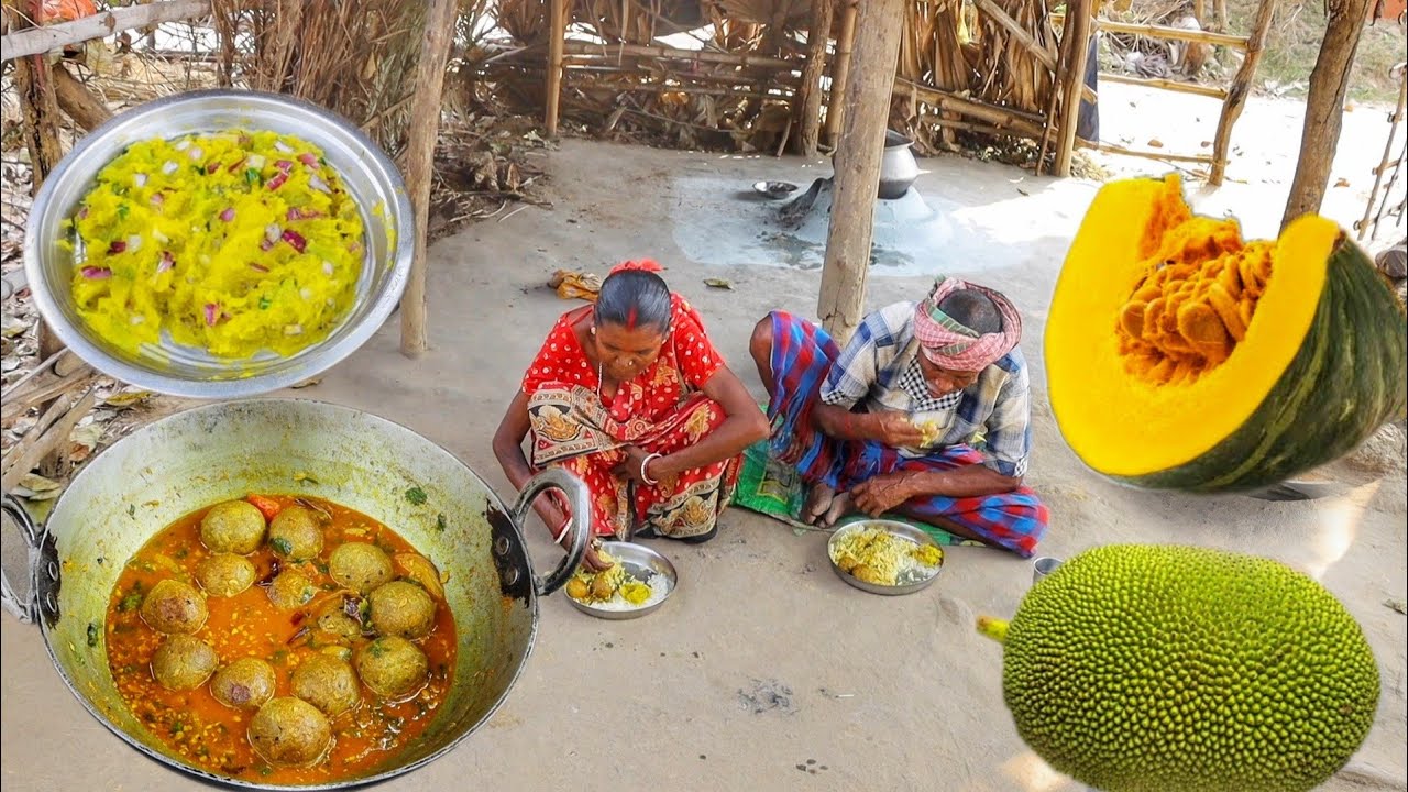Jack Fruit Kofta Curry and Pumpkin Vorta recipe cooking & eating by santali tribe old couple