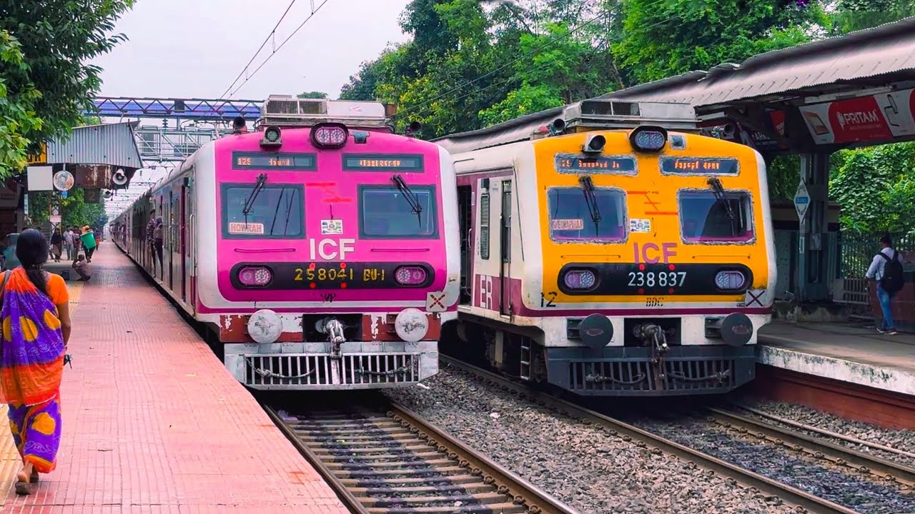 Modern ICF EMU local trains non-stop crossing action at HINDMOTOR station.