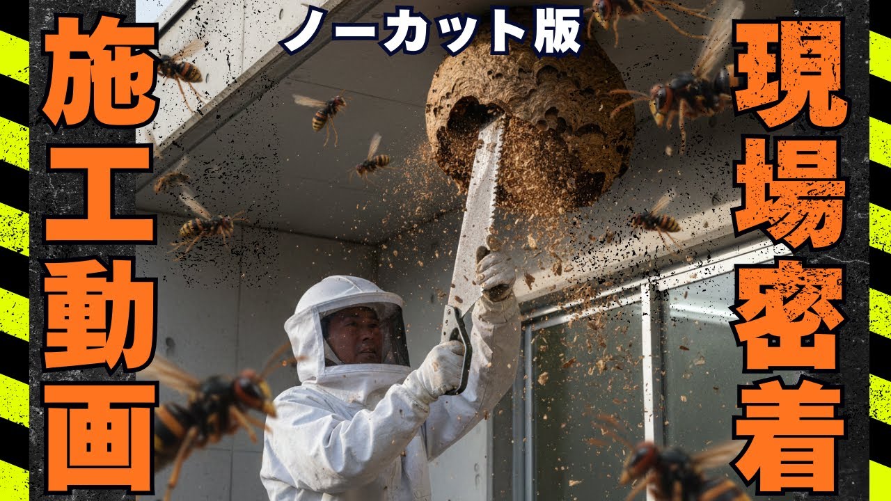 【死闘】軒下の巨大スズメバチの巣をノコギリで切断！もはや土木工事。 Huge Wasp Nest Removal like Construction Work.