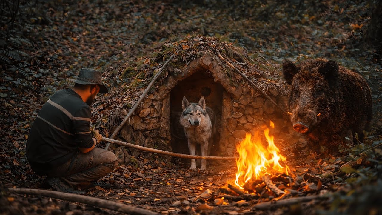 Primitive Shelter Build &ndash; Surviving the Wilderness with Dogs & Wild Boars