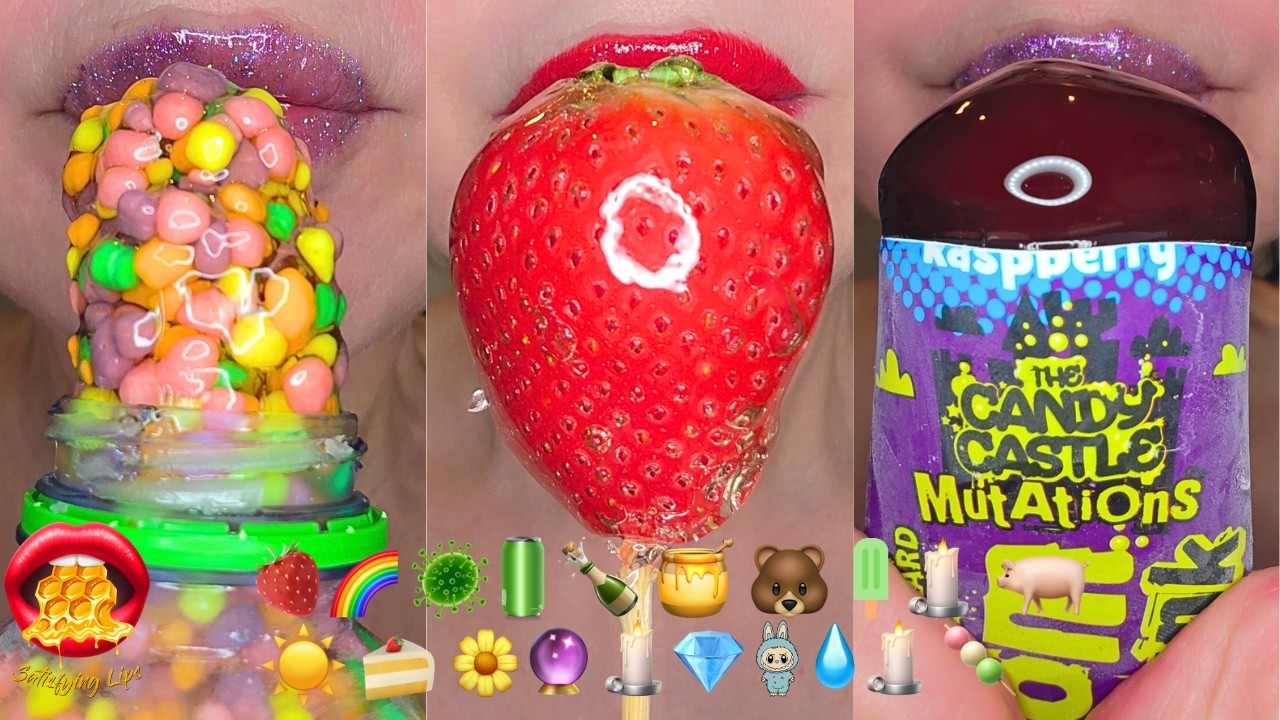 ASMR Satisfying Eating Emoji Food Challenge Wax Candy Frozen Honey Fondant