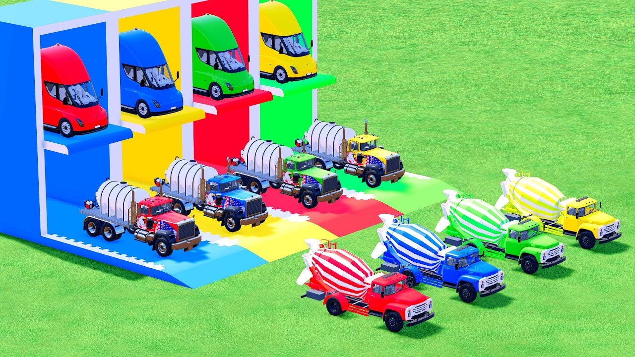 Garage with Colors - ALL MIXER TRUCK WITH DOUBLE FLATBED TRAILER TRUCK, SCANIA, MACK #71 - FS22