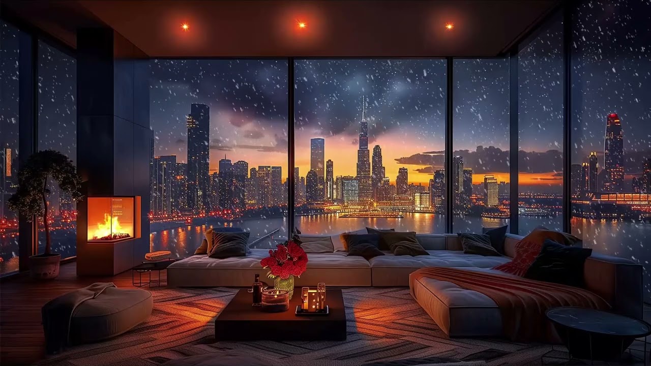 Luxury Winter Apartment in 4K ❄️🔥 | 4.5 Hours Fireplace, Snowfall & Deep Chill Music