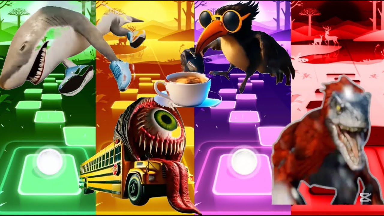 Tiles Hop-School Bus Monster 🆚Italian Brainrot🆚JURASSIC WORLD DOMINION 🆚Coffin Dance