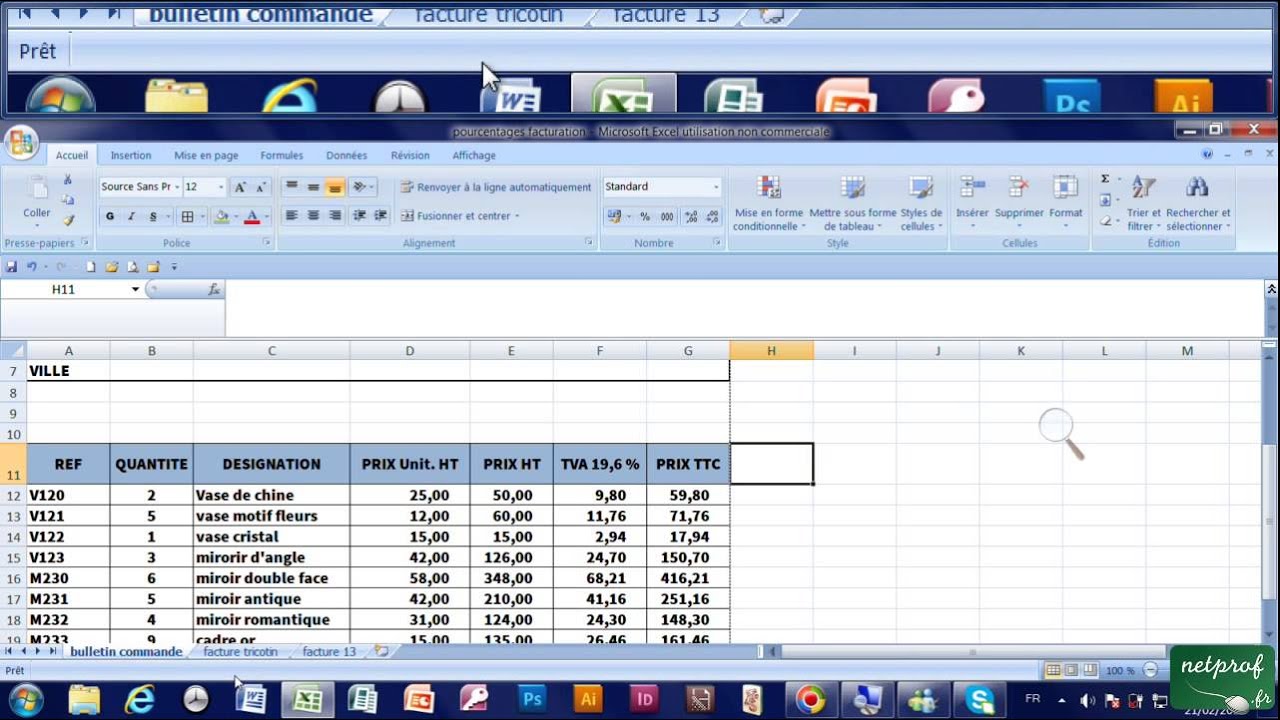 16 - Calcul de pourcentage - facturation sur Excel