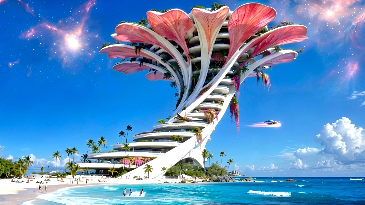 YEAR 2500 Hawaiian Paradise City | Flying Car Prototypes & Tropical Flower Architecture 4K