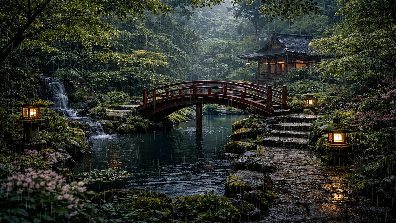 Rainy Japanese Garden Night Ambience | Soft Thunder, Waterfall & Lanterns (4K)