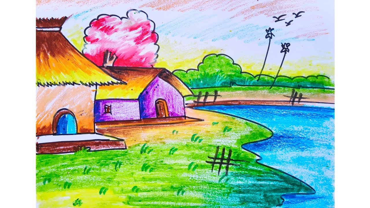 Beginners village scenery drawing | trees |house 