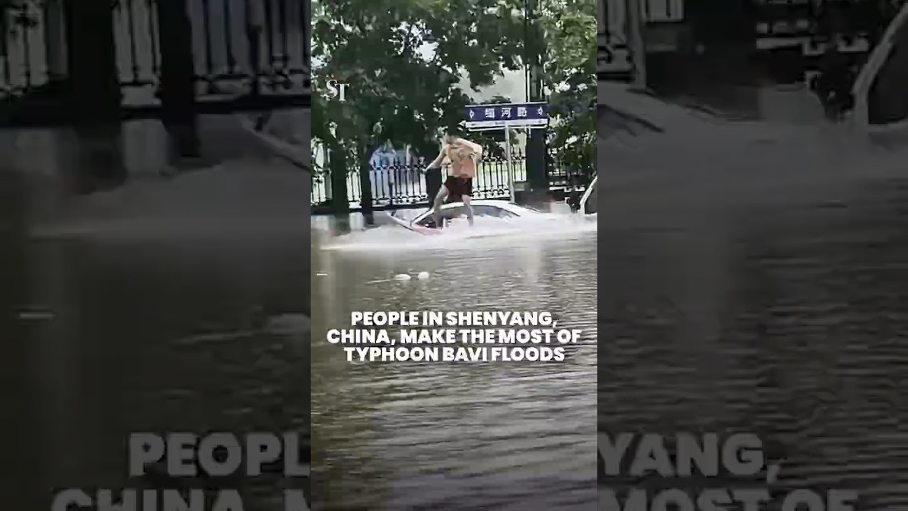 Shenyang residents seen waterskiing, swimming in Typhoon Bavi floodwaters