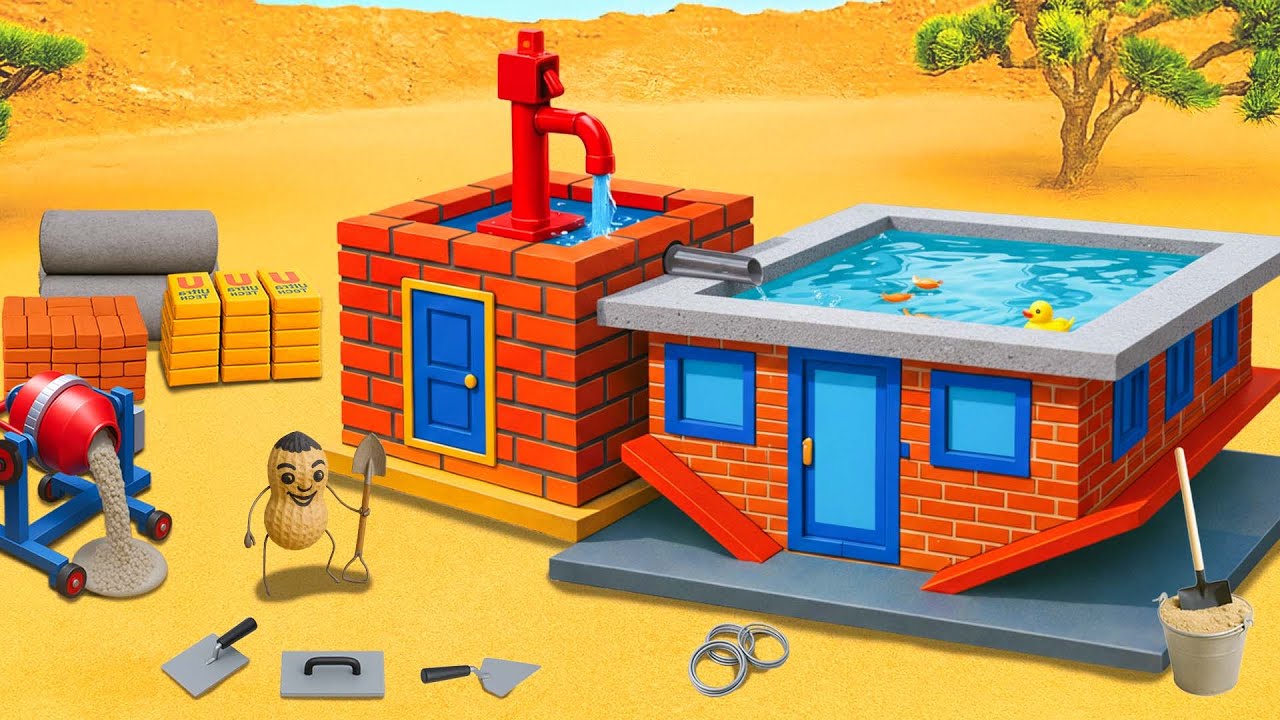 DIY Construction Science – Building a Modern Brick House with Rooftop Pool & Hand Pump System