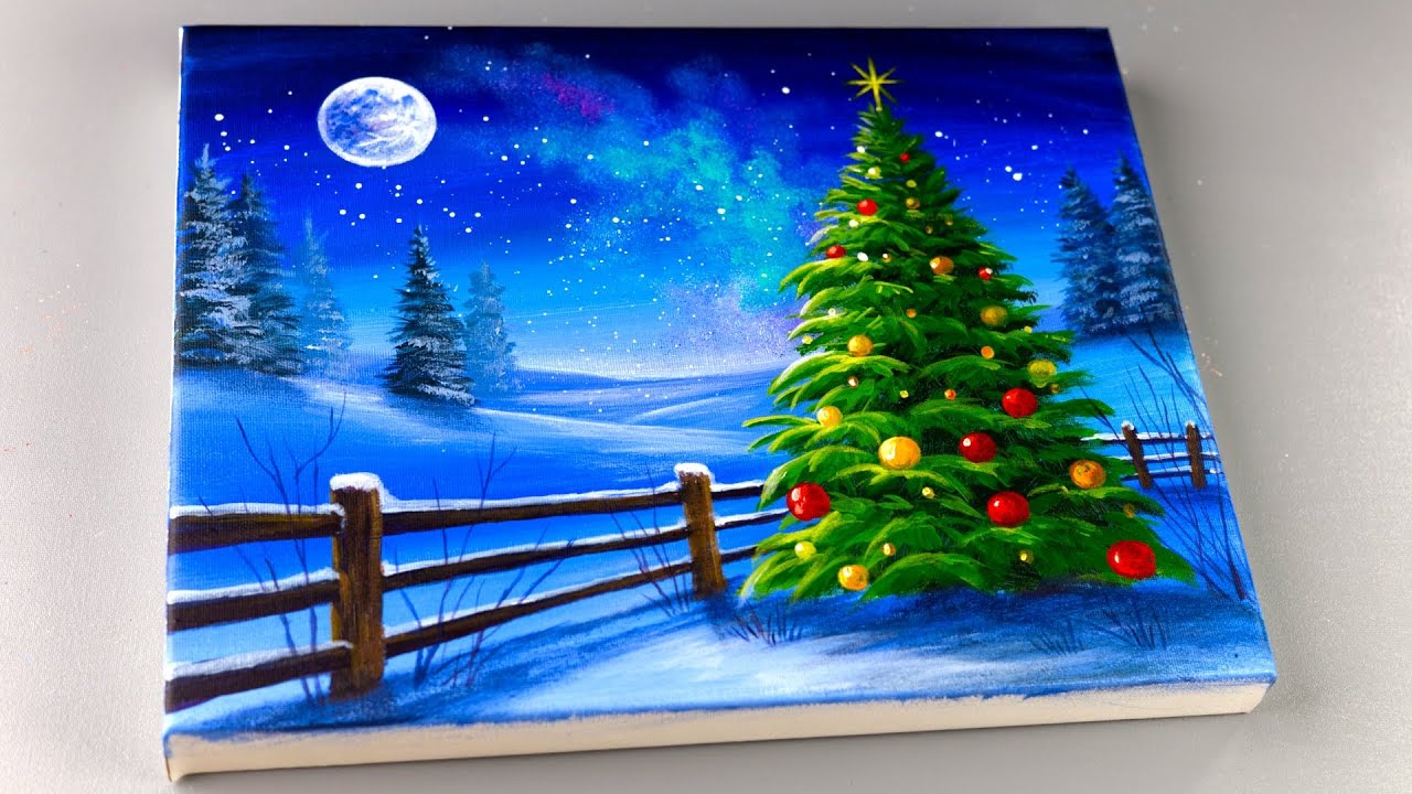 How to Paint a Christmas Tree in a Snowy Winter Night | Step-by-Step Acrylic Painting Tutorial