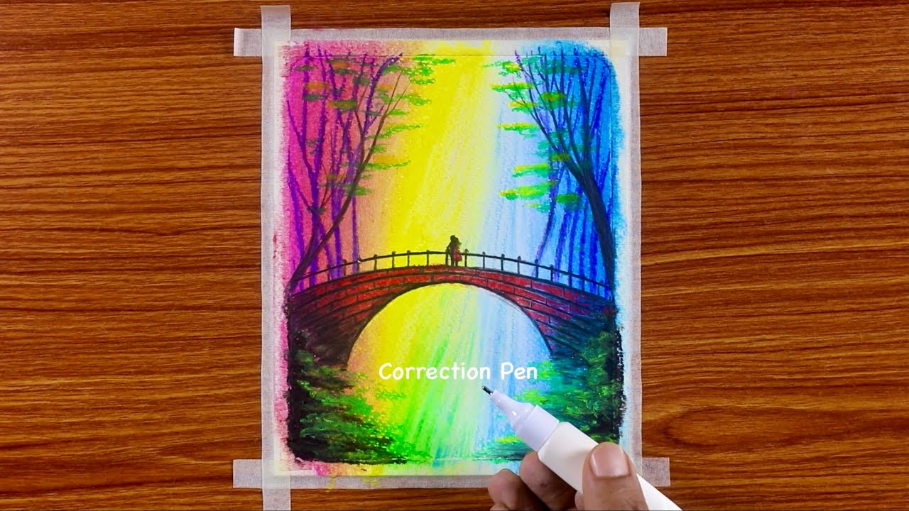 Beautiful Autumn Waterfall Bridge Scenery / Drawing with Oil Pastels / Step by Step