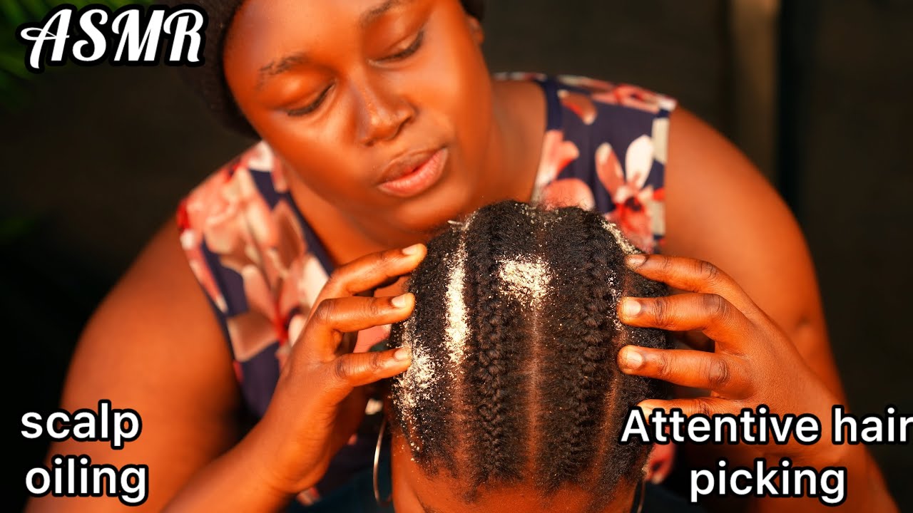 ASMR Attentive scalp and hair picking,blowing,oiling with soft sounds for sleep and relaxation 