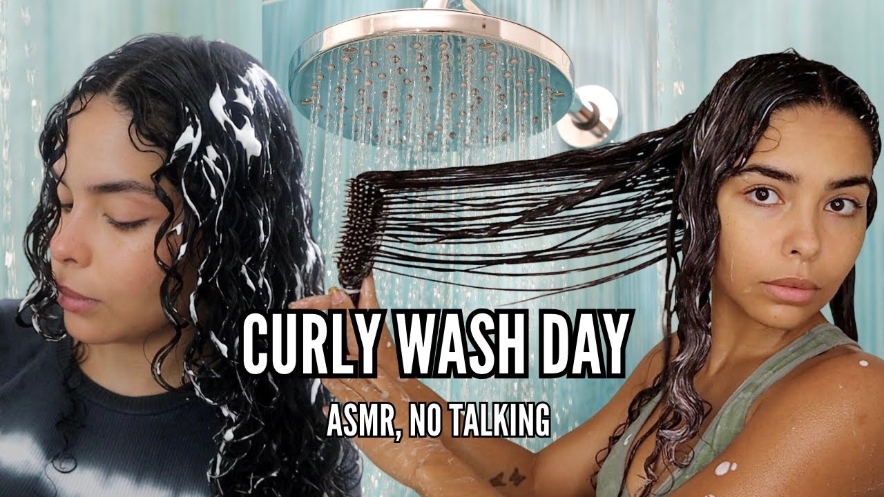 RELAXING ASMR CURLY HAIR WASH DAY ROUTINE | No Talking, Water Sounds, Scrunching Sounds
