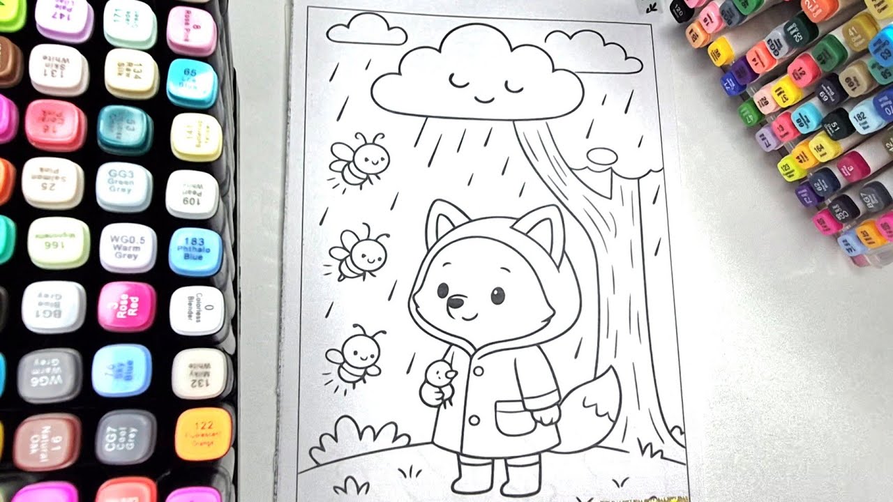 Satisfying Cute Calm | ASMR Color With Me 🦊☔ Rainy Day Fox Coloring