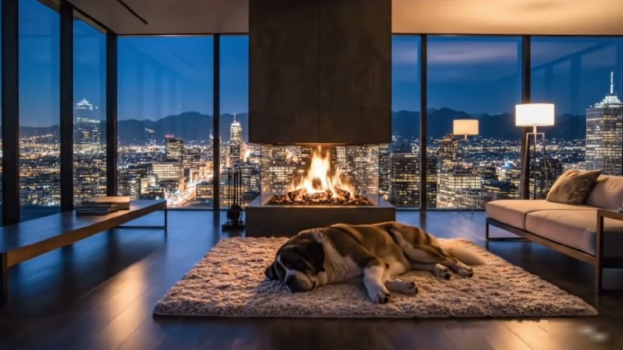 Cozy Fireplace Ambience with City View & Sleeping Dog 🐶 | 4K Relaxing Crackling Fire