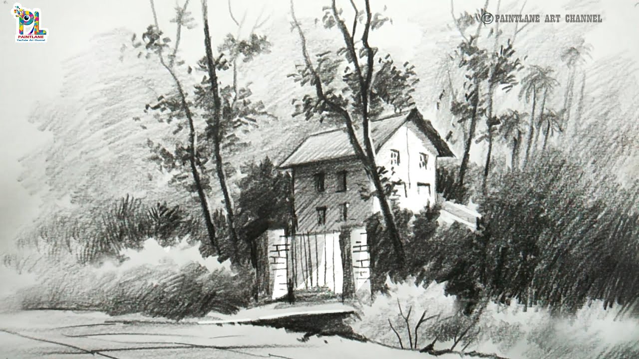 How to draw House In Good Perspective View In Landscape With Rough Pencil Art