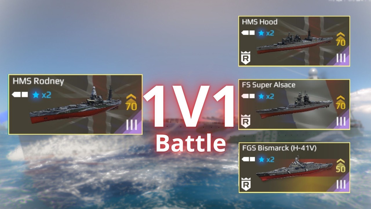 HMS Rodney VS HMS HOOD, FS Super Alsace and FGS Bismarck - 1v1 Battle - Modern Warships