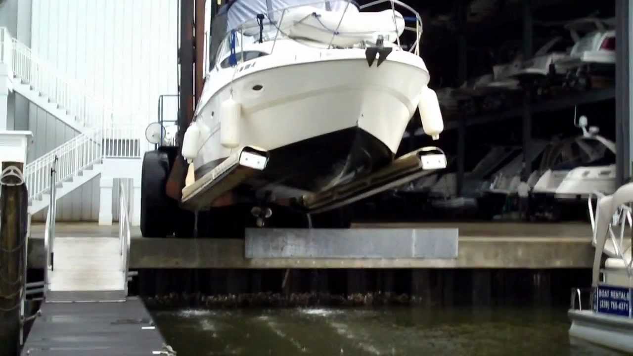 Forklifting boat from water at Snook Bight Marina