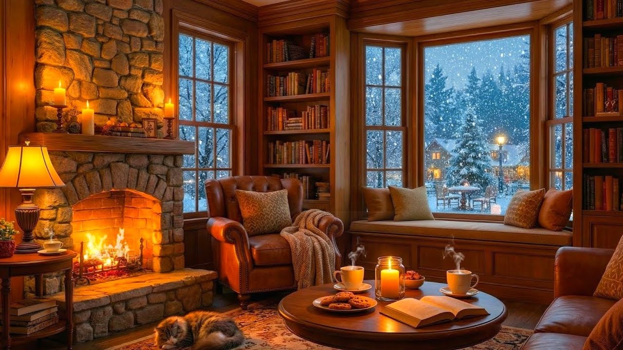 Deep Winter Night Jazz ❄️ Snowy Coffee Atmosphere & Cozy Fireplace Sounds for Studying and Focusing