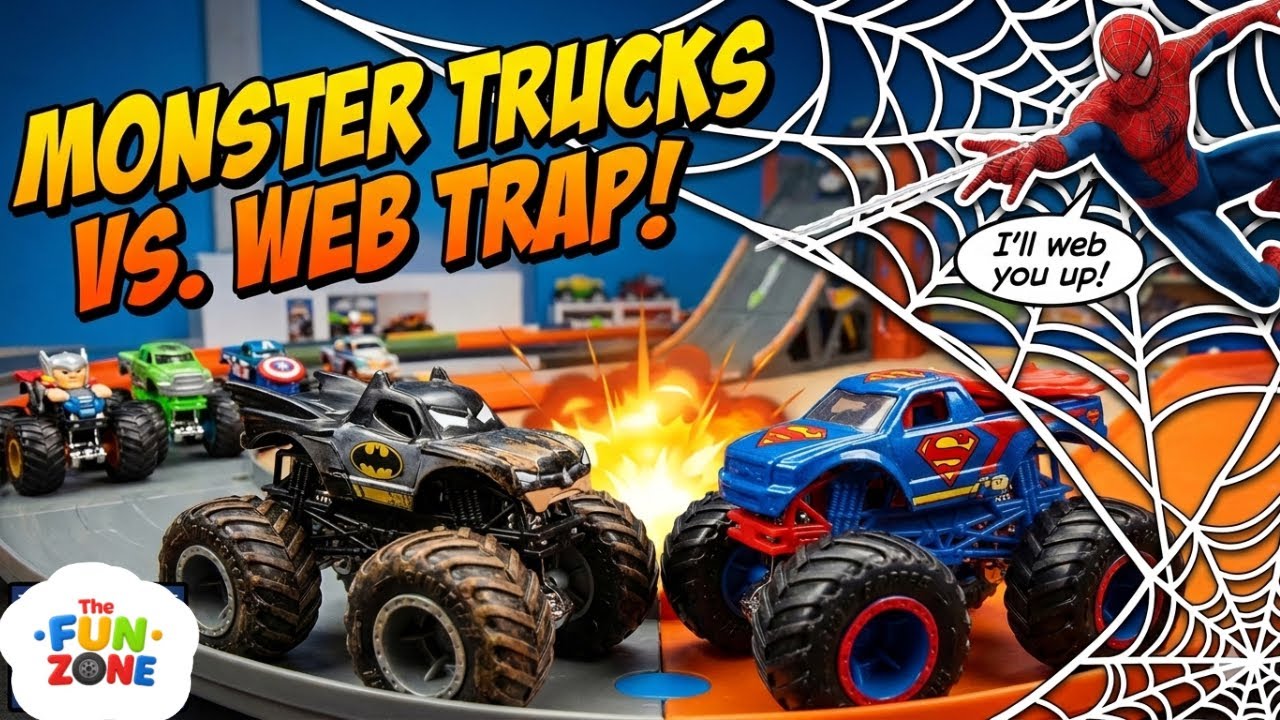 Superhero Toy Monster Truck Battle: Batman vs. Superman and more! 