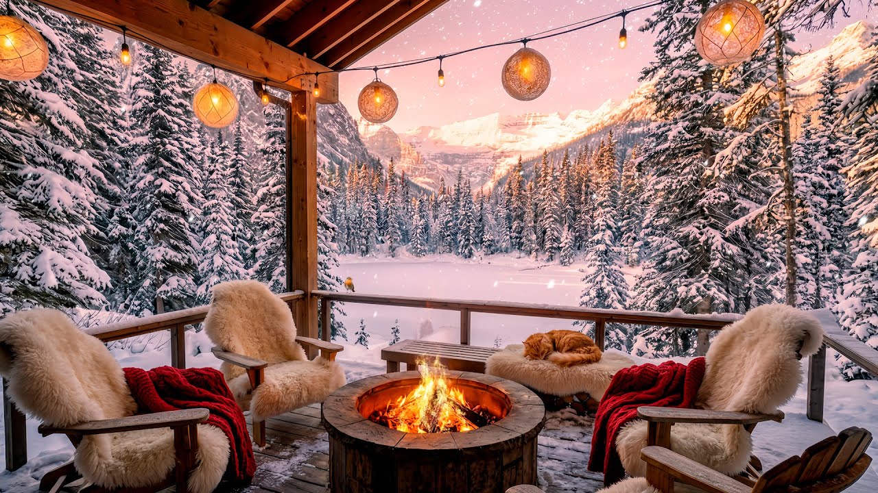 Cozy Winter Cabin Porch 🔥❄️ Fire Pit Crackling, Snowy Forest & Ginger Cat | Winter Journey EP 2