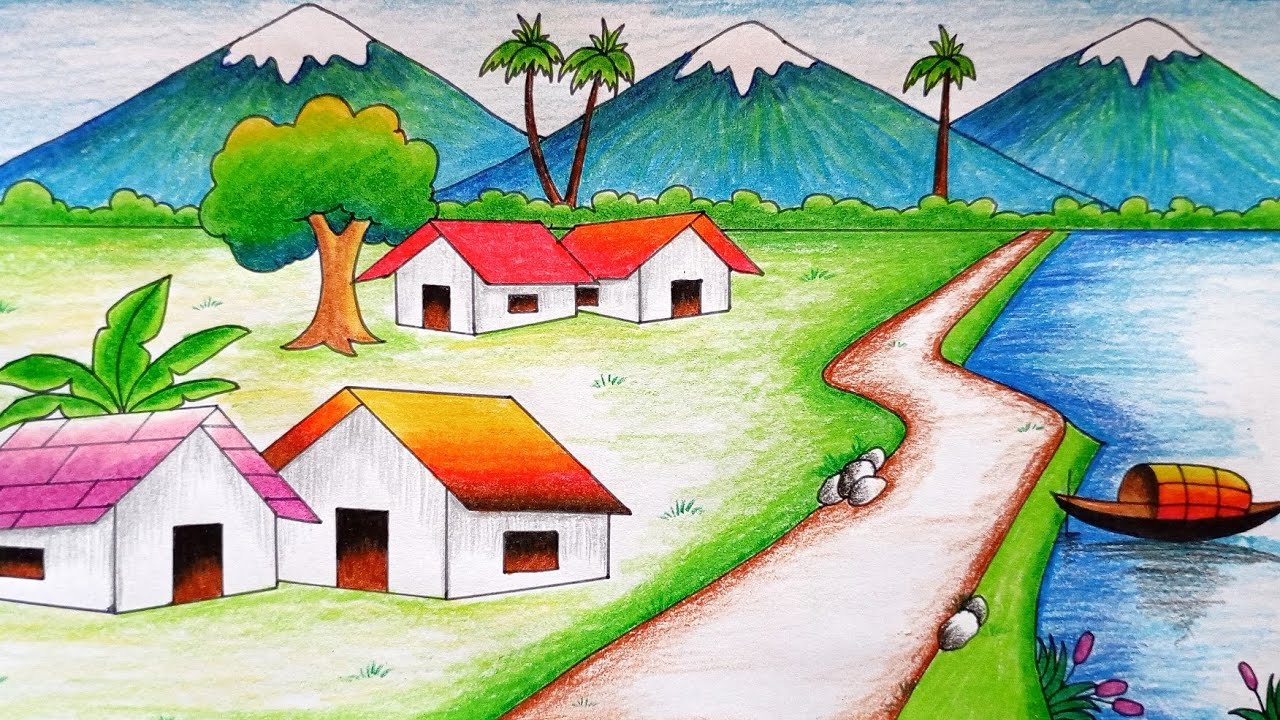 Easy nature Scenery Drawing with pencil colour | Nature scenery drawing easy