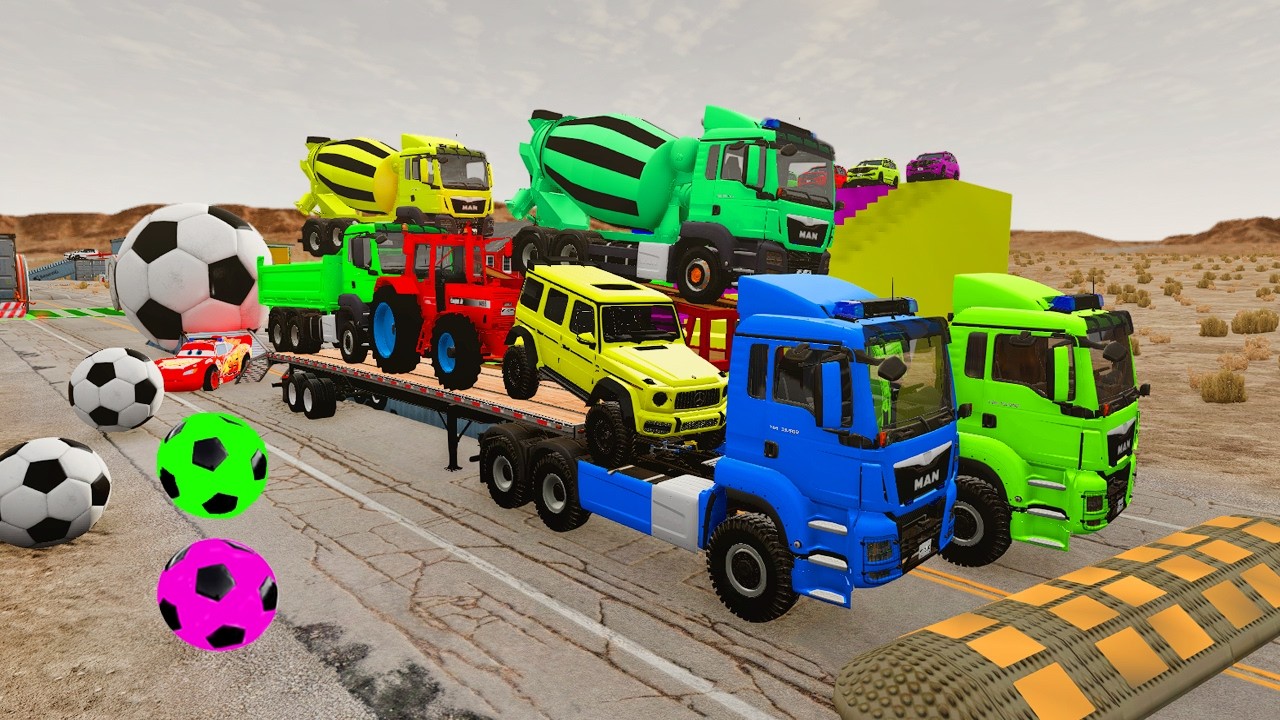 TRANSPORTING PIXAR CARS & FRUITS WITH COLORED & JOHN DEERE vs CLAAS vs TRACTORS - BeamNG.drive #983