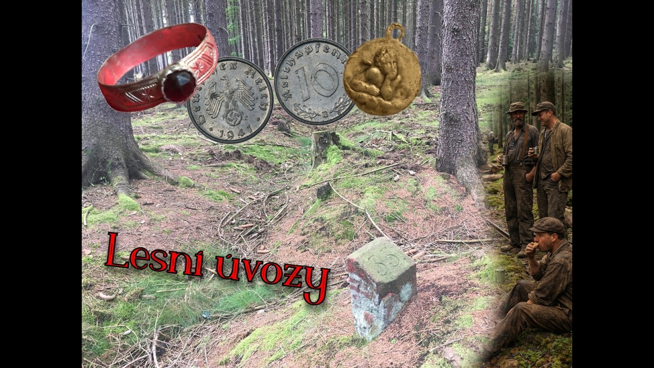 Stříbrný prsten s přívěskem ze starého lesního úvozu a výsyp válečných mincí.