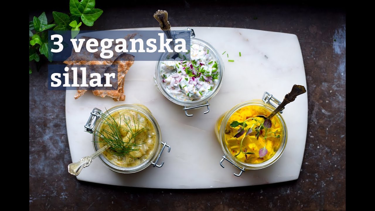 3 sorters vegansk sill på aubergine