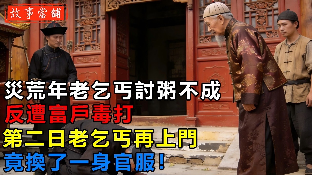 災荒年老乞丐討粥不成，反遭富戶毒打，第二日老乞丐再上門，竟換了一身官服！| 民間故事 | 故事當舖