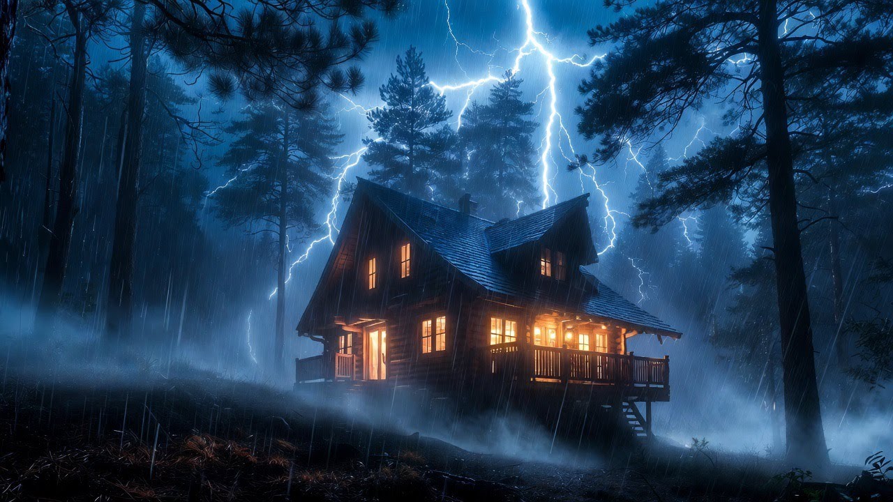 Heavy Rain Crashing Across the Dark Woodland Outside a Shelter